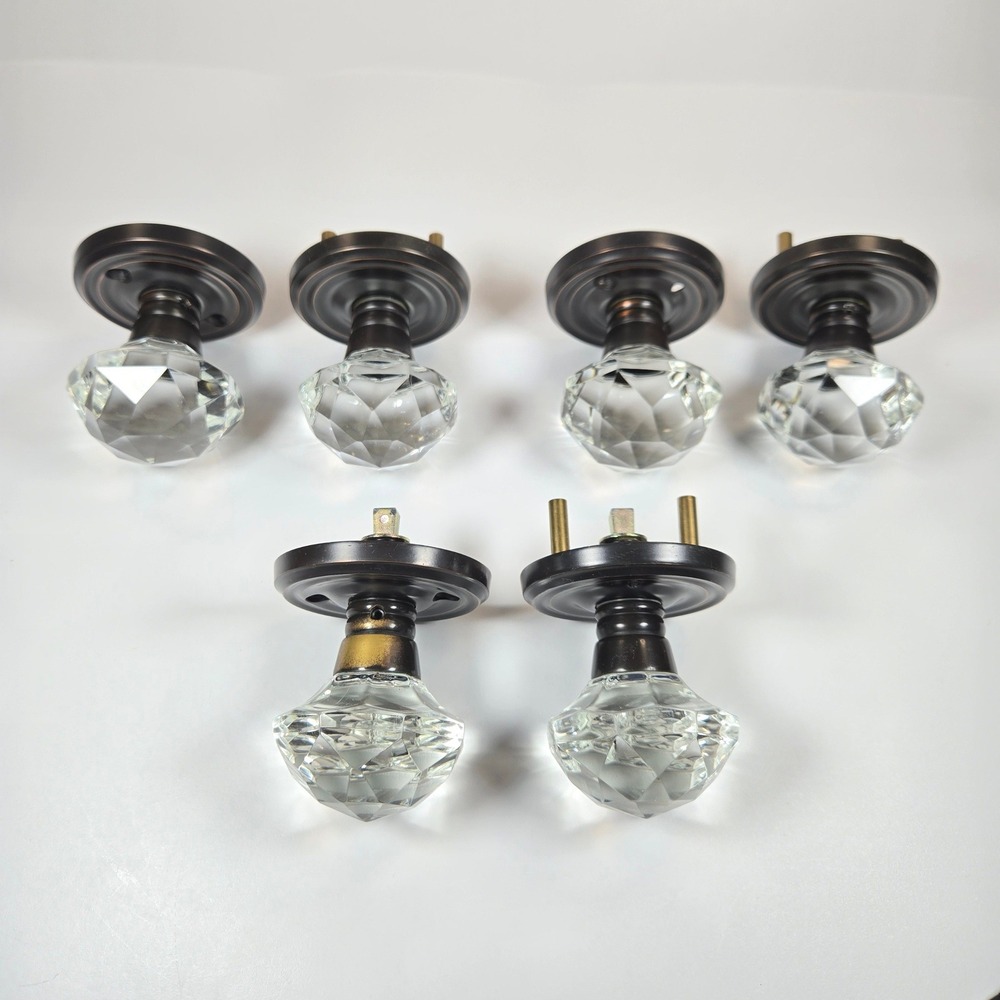 Lot of 6 Faceted Glass Door Knobs Oil Rubbed Bronze Vintage Interior crystal